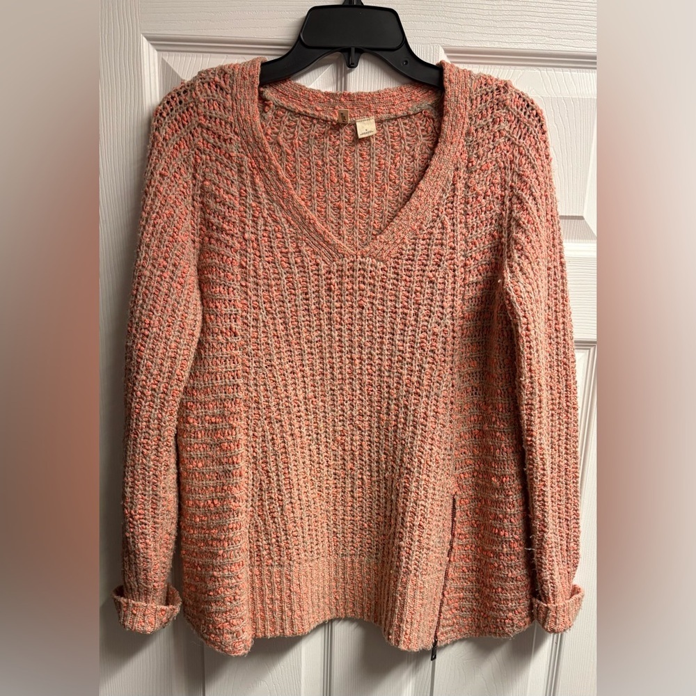 MOTH Anthropologie Wool Blend V-Neck Coral/Tan Pullover Sweater W/ Zipper Small - Picture 2 of 5